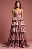 Princess Dusty Rose A-Line Spaghetti Straps Long Tiered Prom Dress
