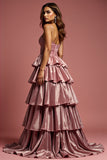 Princess Dusty Rose A-Line Spaghetti Straps Long Tiered Prom Dress