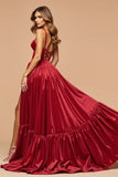 Dark Red A Line Satin Lace Up Maxi Prom Dress with Slit