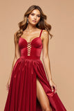Dark Red A Line Satin Lace Up Maxi Prom Dress with Slit