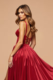 Dark Red A Line Satin Lace Up Maxi Prom Dress with Slit