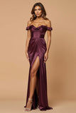 Purple Sheath Off the Shoulder Elegant Long Prom Dress with Slit