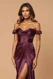 Purple Sheath Off the Shoulder Elegant Long Prom Dress with Slit