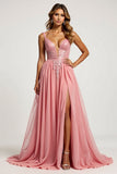Pink A Line Tulle V-Neck Appliqued Long Prom Dress with slit