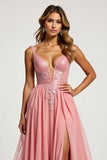 Pink A Line Tulle V-Neck Appliqued Long Prom Dress with slit