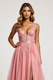 Pink A Line Tulle V-Neck Appliqued Long Prom Dress with slit