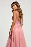 Pink A Line Tulle V-Neck Appliqued Long Prom Dress with slit