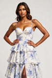 Blue Flower Chiffon Tiered Long Floral Prom Dress with Slit