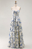 Blue Floral Chiffon Tiered Long A Line Prom Dress with Slit