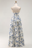 Blue Floral Chiffon Tiered Long A Line Prom Dress with Slit