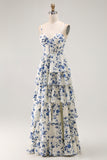 Blue Floral Chiffon Tiered Long A Line Prom Dress with Slit