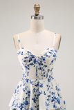 Blue Floral Chiffon Tiered Long A Line Prom Dress with Slit