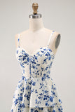 Blue Floral Chiffon Tiered Long A Line Prom Dress with Slit