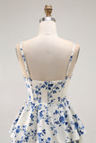 Blue Floral Chiffon Tiered Long A Line Prom Dress with Slit