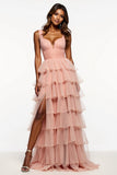 Pink A Line Tiered Long Ruffled Tulle Prom Dress with Slit