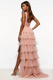 Pink A Line Tiered Long Ruffled Tulle Prom Dress with Slit