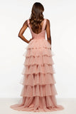 Pink A Line Tiered Long Ruffled Tulle Prom Dress with Slit
