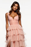 Pink A Line Tiered Long Ruffled Tulle Prom Dress with Slit