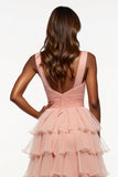 Pink A Line Tiered Long Ruffled Tulle Prom Dress with Slit