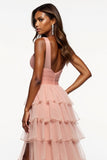 Pink A Line Tiered Long Ruffled Tulle Prom Dress with Slit