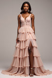 Dusty Rose Ball Gown Tiered V-Neck Long Tulle Prom Dress with Slit