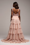Dusty Rose Ball Gown Tiered V-Neck Long Tulle Prom Dress with Slit