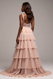 Dusty Rose Ball Gown Tiered V-Neck Long Tulle Prom Dress with Slit