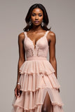 Dusty Rose Ball Gown Tiered V-Neck Long Tulle Prom Dress with Slit