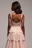 Dusty Rose Ball Gown Tiered V-Neck Long Tulle Prom Dress with Slit