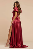 Dark Red Satin Short Sleeves Pleated V-Neck Maxi Prom Dress with Slit