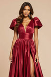 Dark Red Satin Short Sleeves Pleated V-Neck Maxi Prom Dress with Slit