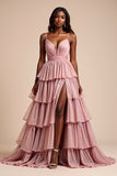 Dusty Rose A Line Tiered V-Neck Maxi Prom Dress with Slit