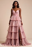 Dusty Rose A Line Tiered V-Neck Maxi Prom Dress with Slit