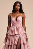 Dusty Rose A Line Tiered V-Neck Maxi Prom Dress with Slit