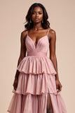 Dusty Rose A Line Tiered V-Neck Maxi Prom Dress with Slit