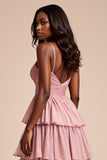Dusty Rose A Line Tiered V-Neck Maxi Prom Dress with Slit