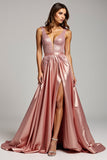 Sparkly Dusty Rose Appliqued V-Neck Long Prom Dress with Slit
