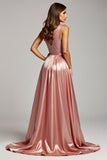 Sparkly Dusty Rose Appliqued V-Neck Long Prom Dress with Slit
