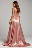 Sparkly Dusty Rose Appliqued V-Neck Long Prom Dress with Slit