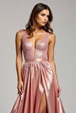 Sparkly Dusty Rose Appliqued V-Neck Long Prom Dress with Slit