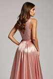 Sparkly Dusty Rose Appliqued V-Neck Long Prom Dress with Slit