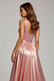 Sparkly Dusty Rose Appliqued V-Neck Long Prom Dress with Slit