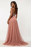 Dusty Rose A Line Tulle V-Neck Maxi Prom Dress with Sequins