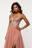 Dusty Rose A Line Tulle V-Neck Maxi Prom Dress with Sequins