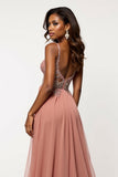 Dusty Rose A Line Tulle V-Neck Maxi Prom Dress with Sequins