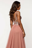 Dusty Rose A Line Tulle V-Neck Maxi Prom Dress with Sequins