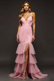 Pink Mermaid Ruched V-Neck Tiered Long Prom Dress with Slit