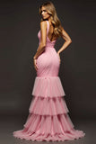Pink Mermaid Ruched V-Neck Tiered Long Prom Dress with Slit