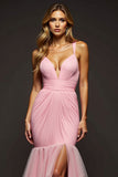 Pink Mermaid Ruched V-Neck Tiered Long Prom Dress with Slit