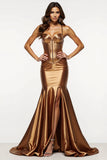 Metallic Corset Brown Mermaid Maxi Prom Dress with Slit